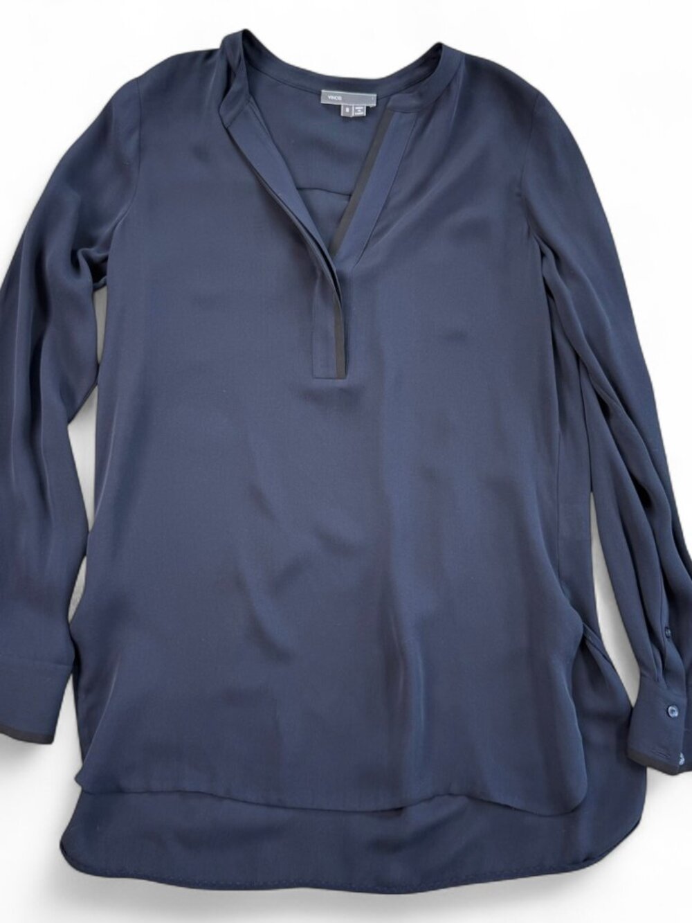 Vince Silk Blouse Size 8 Blue Tunic Black Trim V-Neck Long Sleeve